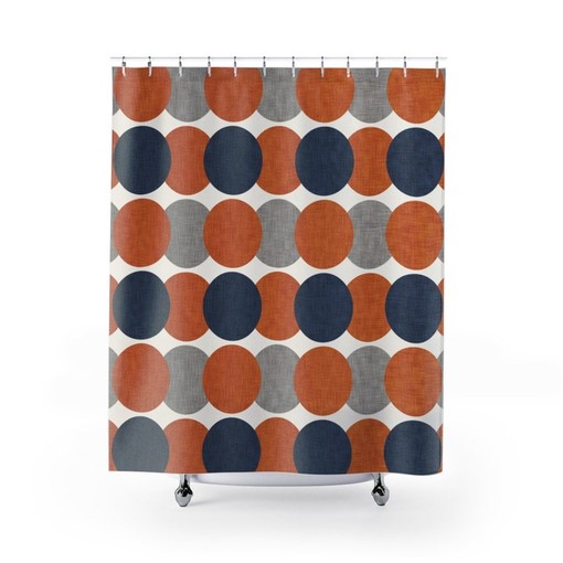 Burnt Orange Gray Navy Shower Curtain, Mid Century Modern Bathroom Decor, Retro Shower Curtain