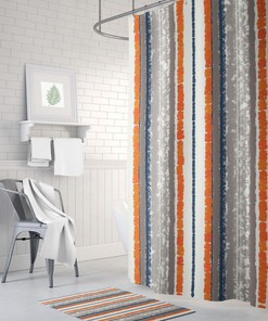 Burnt Orange Gray Navy Shower Curtain, Striped Shower Curtain