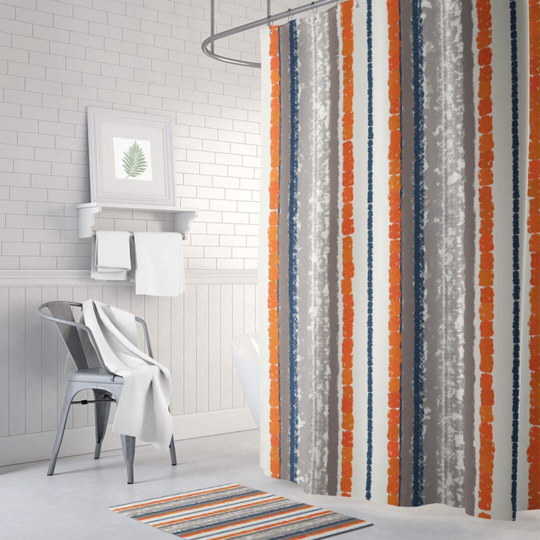 Burnt Orange Gray Navy Shower Curtain, Striped Shower Curtain