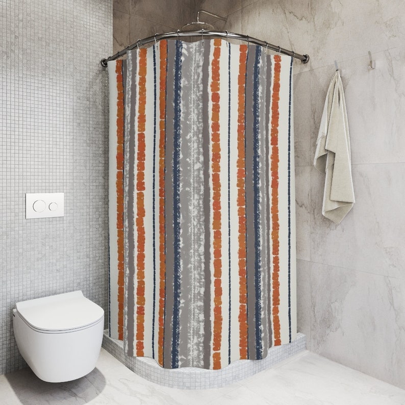 Burnt Orange Gray Navy Shower Curtain, Striped Shower Curtain - Image 2