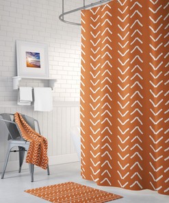 Burnt Orange Mudcloth Print Shower Curtain, Boho Bath Curtain, Modern Bathroom Decor
