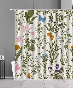 Butterfly And Wild Flowers Shower Curtain, Botanical Tropical Green Leaves, Home Bathroom Decor