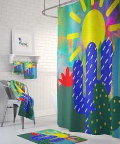 Cactus Abstract Shower Curtain, Optional Towel And Bath, Folk Funky Bathroom Decor