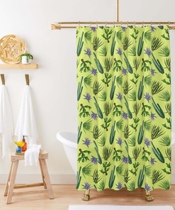 Cactus In The Desert Shower Curtain, Purple Flowers Green Leaves Floral Plant Fabric Bathroom Curtain, Home Bathroom Set Decor