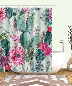 Cactus Pink Flowers Desert Plants Shower Curtain, Green Cacti Flora Botanical Fabric Bathroom Curtain, Home Bathroom Decor