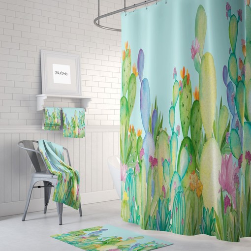 Cactus Shower Curtain, Cactus Bath Mat, Cactus Bathroom Decor, cactus Bath Towels, Pastel Watercolor Succulents