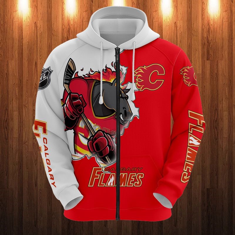 Calgary Flames Hoodie 3D Zip Hoodie 3D Cartoon Graphic Zip Hoodie for Fan - Image 3