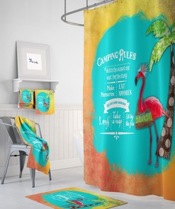 Camping Rules Shower Curtain, Flamingo Sunset