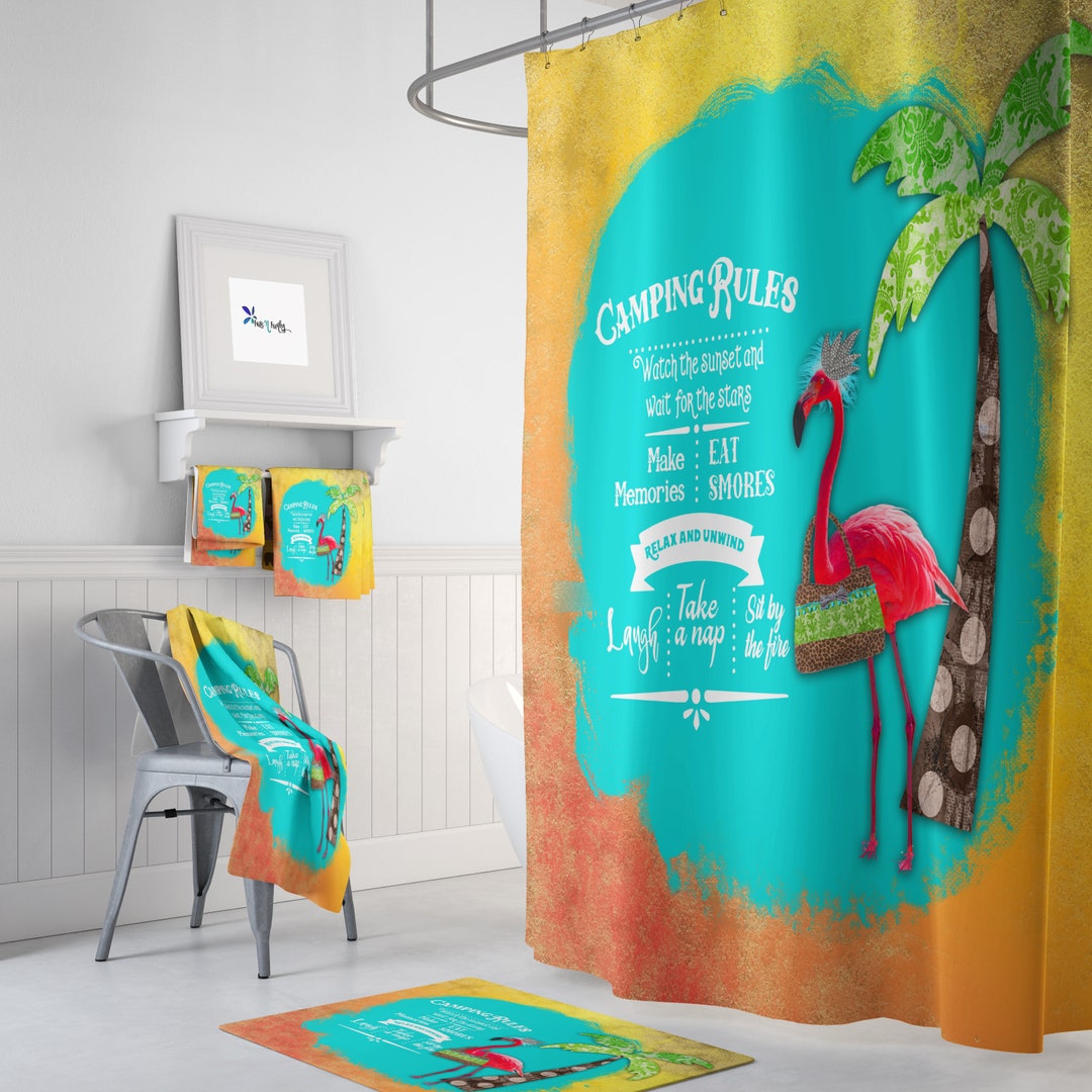 Camping Rules Shower Curtain, Flamingo Sunset