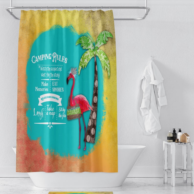 Camping Rules Shower Curtain, Flamingo Sunset - Image 2