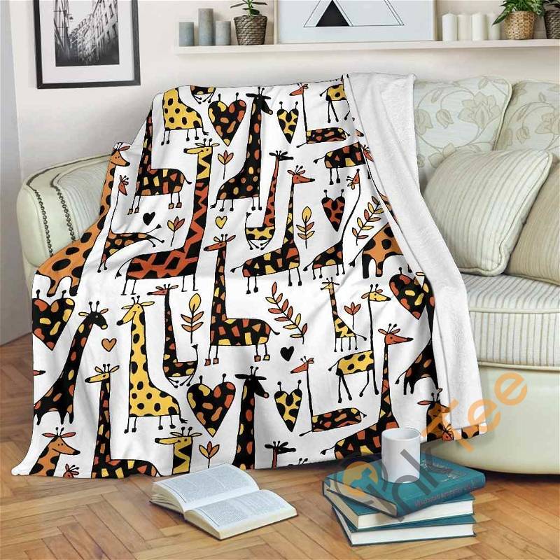 Cartoon Giraffe Pattern Sherpa Fleece Blanket Gifts for Family, for Couple