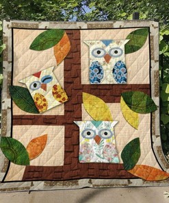 Cartoon Owl With Leaves Quilt Blanket Bedding Set