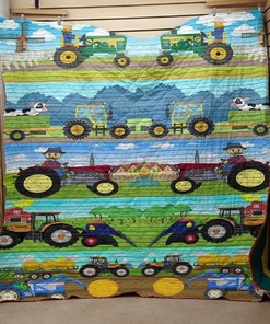 Cartoon Tractor On The Farm Quilt Blanket Bedding Set