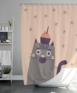 Cat Birthday Shower Curtain, Kitty Cute Cat Fabric Bathroom Curtain, Home Bathroom Set Decor For Cat Lovers