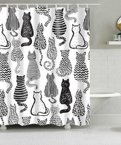 Cat Black White Curtain, Cats Animal Fabric Bathroom Curtain For Cat Lovers And Cat Mom