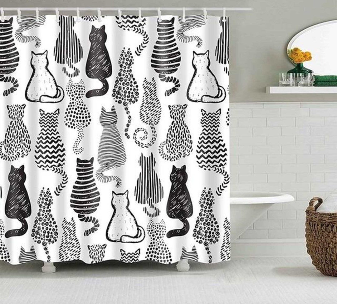 Cat Black White Curtain, Cats Animal Fabric Bathroom Curtain For Cat Lovers And Cat Mom
