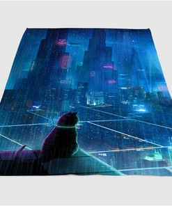 Cat In The Middle Futuristic City Sherpa Fleece Blanket Gifts for Family, for Couple