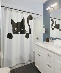 Cat Lover Shower Curtain, Peeking Cat Curtain, Cute Kitten Shower Curtain, Funny Shower Curtain, Mid Mod Cat, Funny Retro Shower Curtain