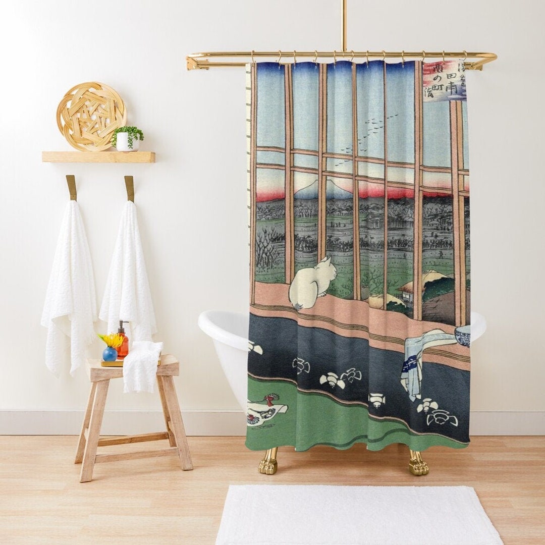 Cat Shower Curtain, Japanese Art Cat, Japanese Bathroom Decor, Cat Lover Gift, Unique Shower Curtain
