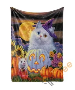 Cat Witch Halloween Sherpa Fleece Blanket Gifts for Family, for Couple