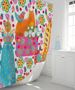 Cats And Birds Shower Curtain, Funky Folk Art Bathroom Decor