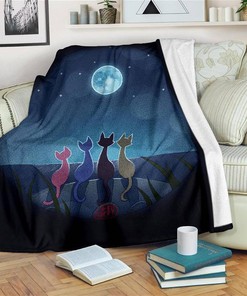 Cats Under Moonlight Cat Lover Sherpa Fleece Blanket Gifts for Family, for Couple