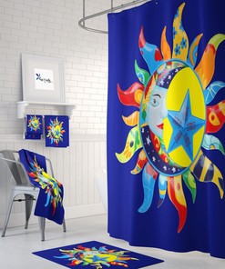 Celestial Sun and Moon Boho Shower Curtain Optional Bath Mat Bathroom Fiesta of Colors