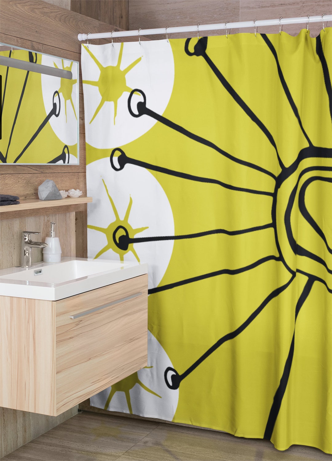 Chartreuse Black And White Shower Curtain Christmas Gift Retro Mid Century Modern Shower Curtain Decor