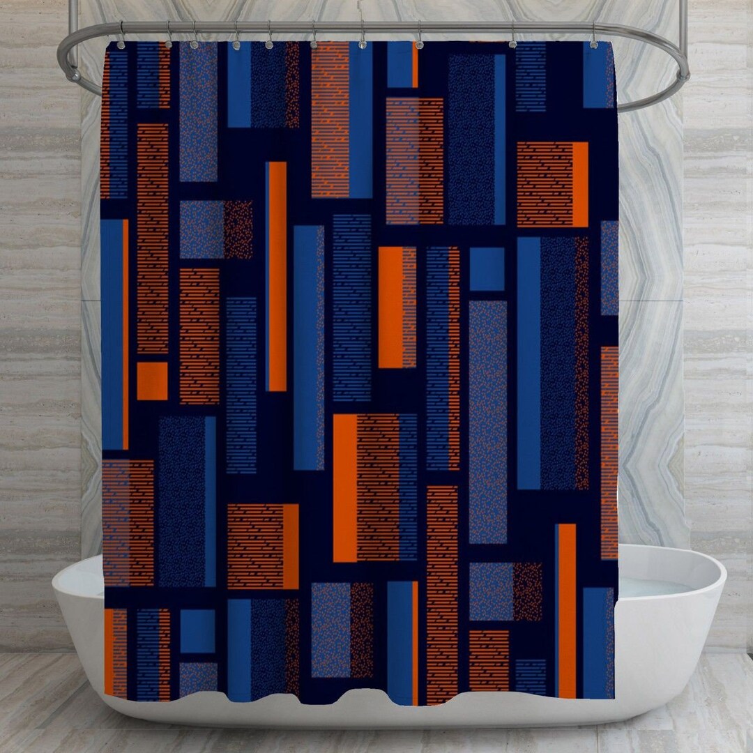 Checkered Shower Curtains, Modern Geometric Shower Curtain, Blue and Orange Decor, Dark Bathroom, Urban Bath Decor