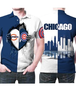 Chicago Bears And Chicago Cubs Heartbeat Love Ripped Team Logo 3d Designed Allover Gift For Bears Fans Cubs Fans Polo Shirt