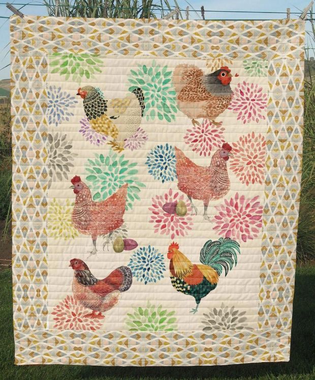 Chicken On Floral Yard Quilt Blanket Bedding Set