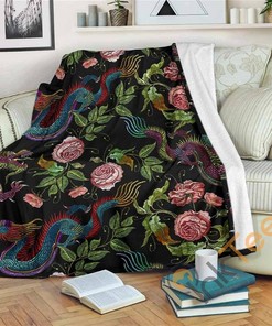 Chinese Dragon Flower Pattern Sherpa Fleece Blanket Gifts for Family, for Couple