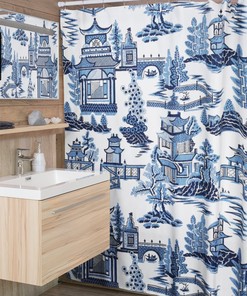 Chinoiserie Shower Curtain, Toile Shower Curtain, Blue And White Bathroom Curtain, Tub Curtain