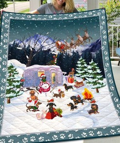 Christmas Camping Dachshunds With Snowman Quilt Blanket Bedding Set