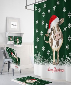 Christmas Cow Bathroom Set, Shower Curtain, Bath Mat, Bath Towels, Hand Towels