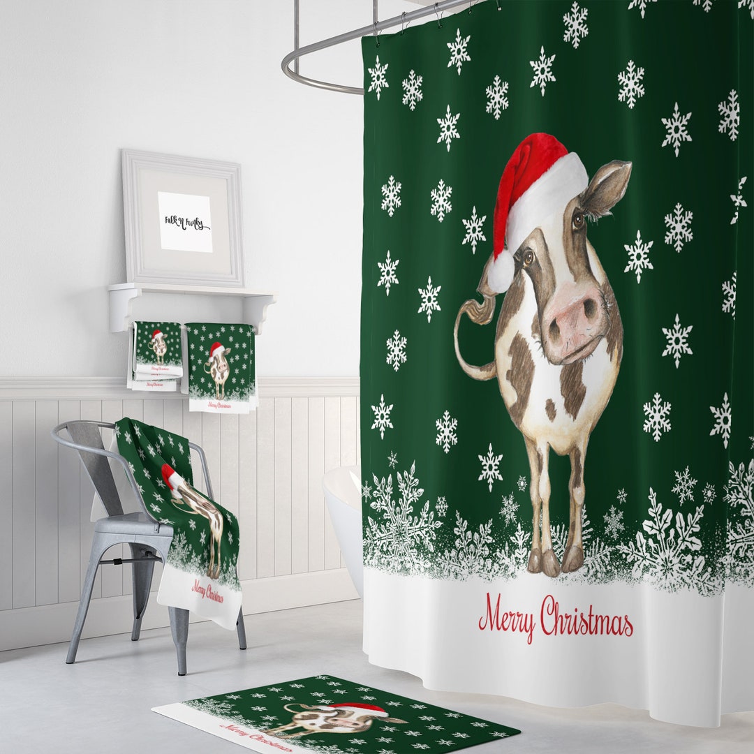 Christmas Cow Bathroom Set, Shower Curtain, Bath Mat, Bath Towels, Hand Towels