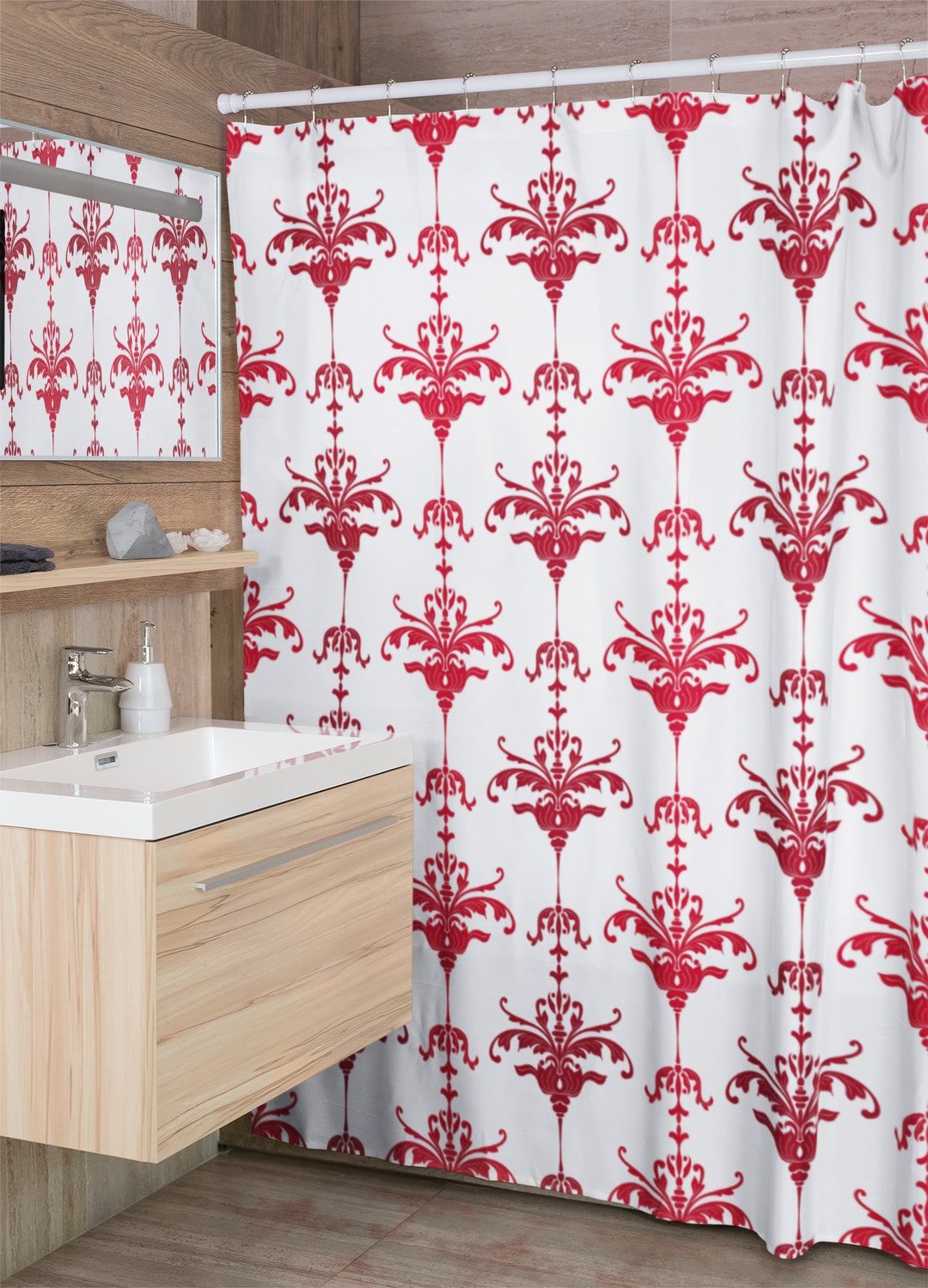 Christmas Damask Shower Curtain, Faux Textured, Christmas Gift For Home, Shower Curtain, Retro Bathroom Accessories, Home Gift, Tub Curtain