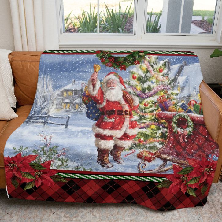 Christmas Gift , Santa Ringing Bell With Sleigh Comfy Throw Blanket Gift