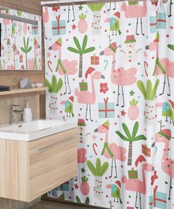 Christmas Pink Flamingos Shower Curtain, Retro Christmas Shower Curtain