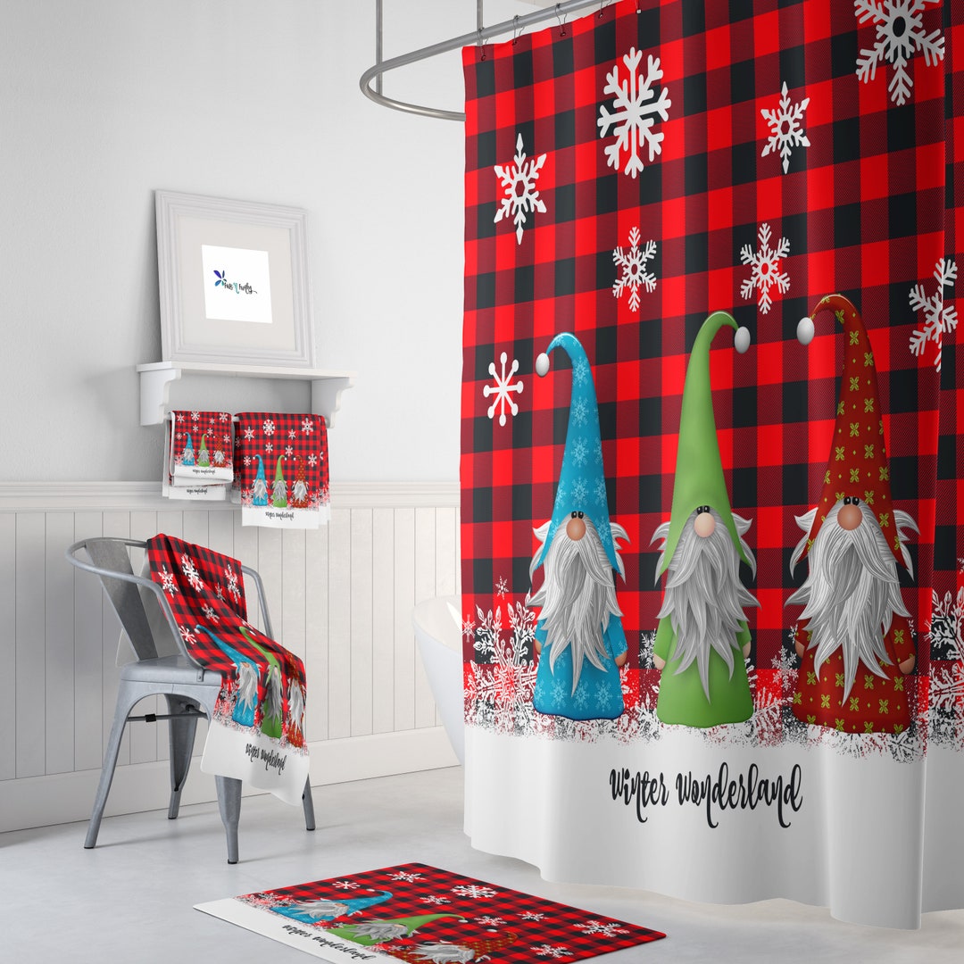 Christmas Shower Curtain, Christmas Gnomes, Buffalo Plaid