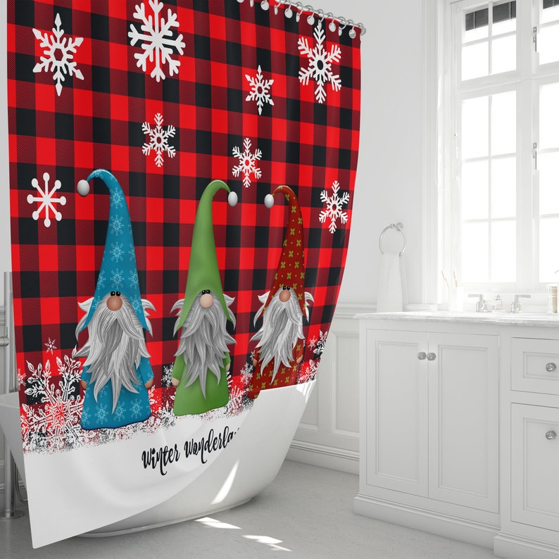 Christmas Shower Curtain, Christmas Gnomes, Buffalo Plaid - Image 2