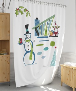 Christmas Shower Curtain, Mid Century Modern Design, Snowman Santa, Retro Holiday Decor