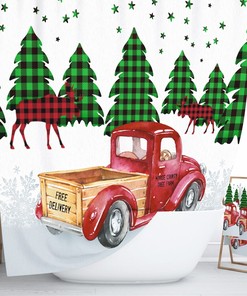 Christmas Shower Curtain, Red Truck With Buffalo Plaid Trees
