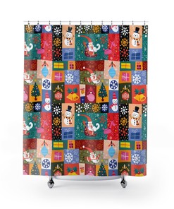 Christmas Shower Curtain, Santa Claus, Bathroom Decor for Kids, Cute Christmas Decor Indoor, Patchwork Shower Curtain, Retro Bathroom