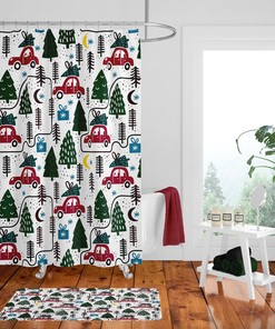 Christmas Shower Curtain, Vintage Red Car And Christmas Trees
