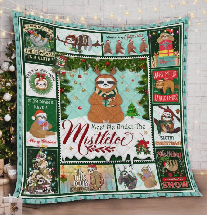 Christmas Sloth Meet Me Under The Mistletoe Quilt Blanket Bedding Set