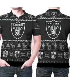 Christmas Tree Deer Pattern Oakland Raiders Nfl American Football Team Logo 3d Designed Allover Gift For Raiders Fans Polo Shirt