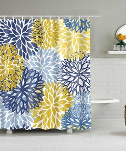 Chrysanthemums Floral Shower Curtain, Blue Yellow Flowers Fabric Bathroom Curtain, Modern Contemporary Art Curtain