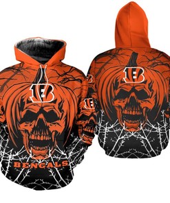 Cincinnati Bengals Hoodie Halloween Pumpkin Skull Print Zip Hoodie