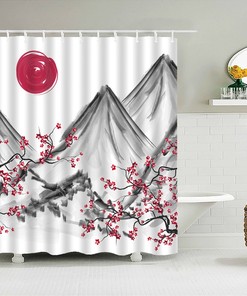 Classic Japanese Mountain View Shower Curtain, Pink Sherry Blossom Watercolor Red Moon Fuji Landscape, Home Bathroom Decor